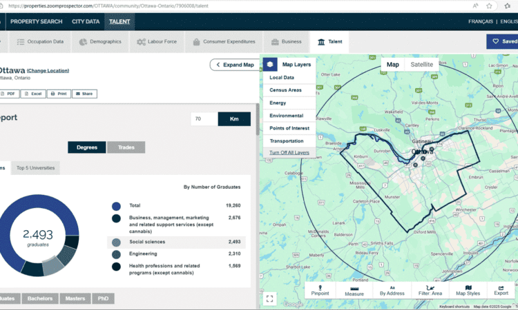 Locate Ottawa is an interactive online tool that helps entrepreneurs and real estate professionals find the perfect business location by providing valuable data on demographics, consumer habits, and available commercial properties across the city.